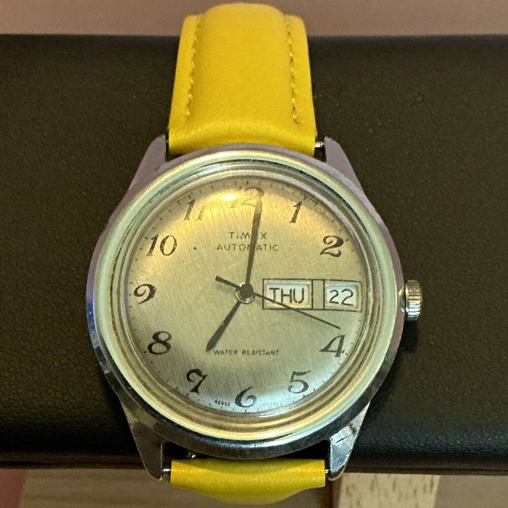 Timex Automatic Mechanical Day/Date Analog Silver Dial Yellow Leather Strap
